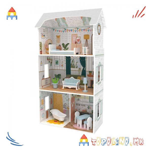 Дрвена Куќичка за Кукли Doll House ( 9Пар. Мебел ) - Moni - Голем Попуст