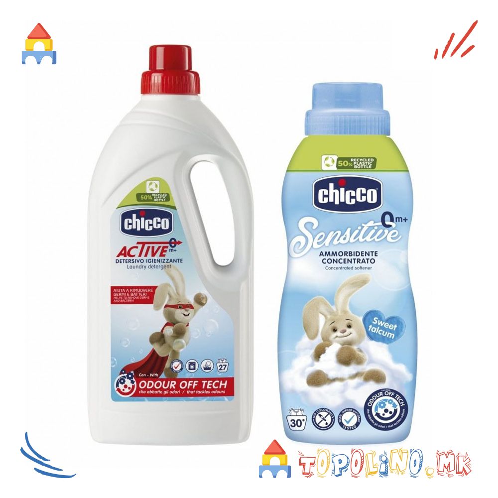 Детергент за Алишта 1.5л Active + Омекнувач 750мл Sweet Talcum - Chicco
