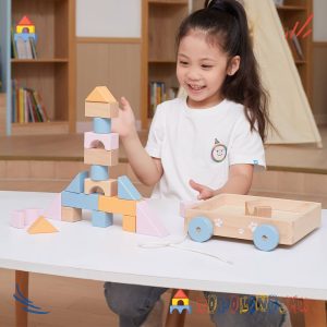 Дрвена Играчка Количка за Влечење со Коцки - PolarB