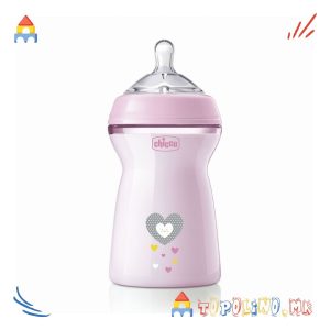 Шише Пластично Natural Feeling 330мл Розе 6М+ Силикон - Chicco