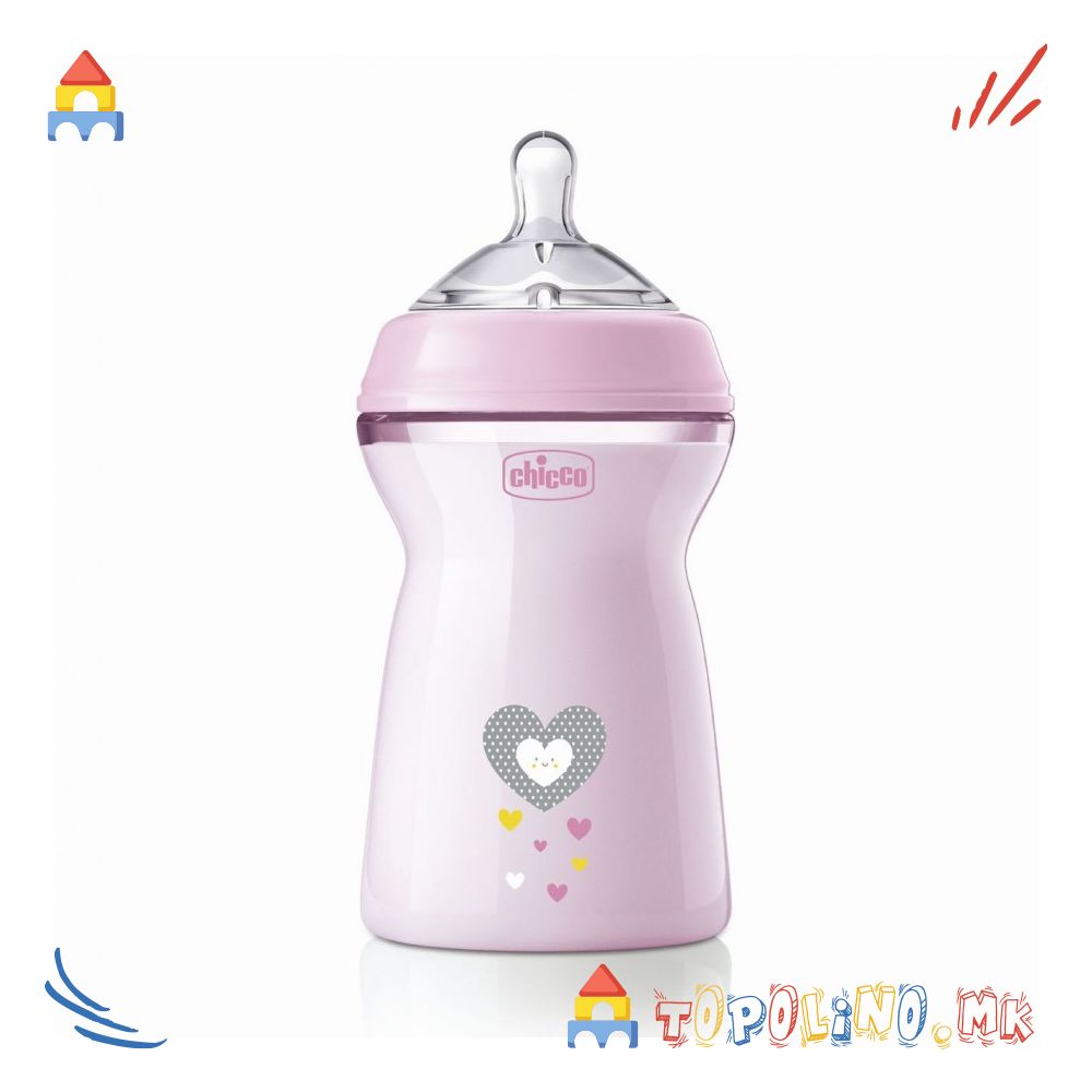 Шише Пластично Natural Feeling 330мл Розе 6М+ Силикон - Chicco